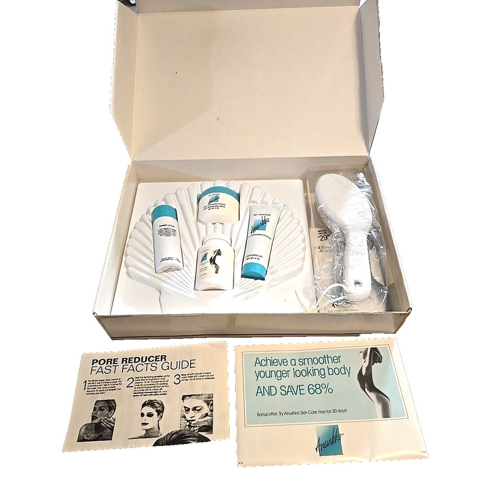 NEW Vtg Rare Anushka Lotion Pore Reducer Tablets Brush Beauty Bodycare Gift Set